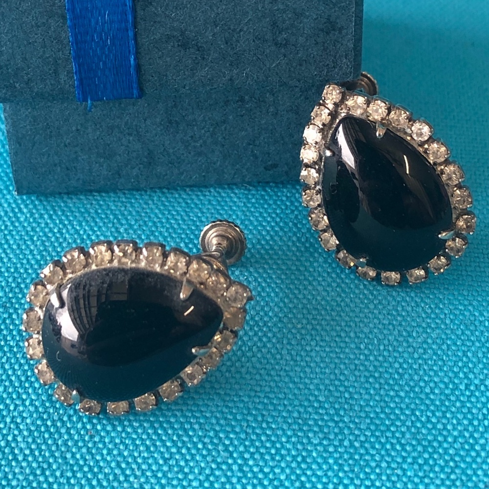 Vintage 1960's Screwback Faux Black Polished Jade and Crystal Earrings